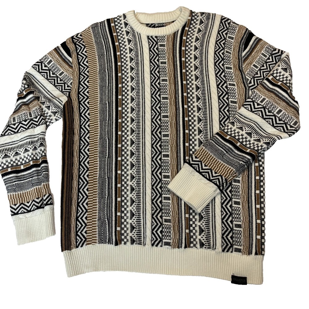 Hollister Coogi Style Sweater Mens sz S Neutral Colors Cosby Hip Hop 90's